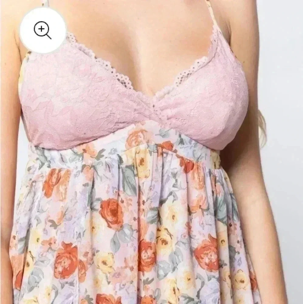 Active USA Floral Pink Lace Babydoll Mini Dress - Picture 3 of 13